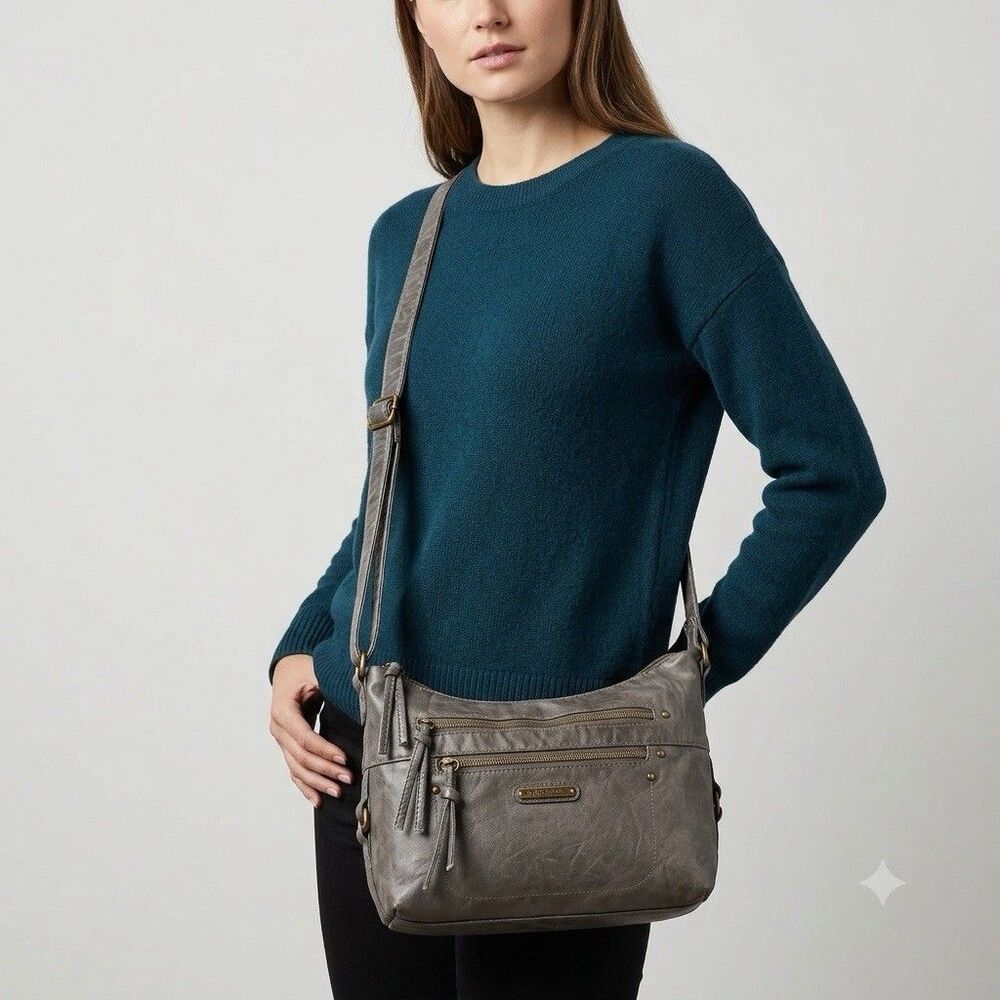 Stone & Co Smokey Mountain Crossbody Hobo Bag Gray Faux Leather Multi Pocket